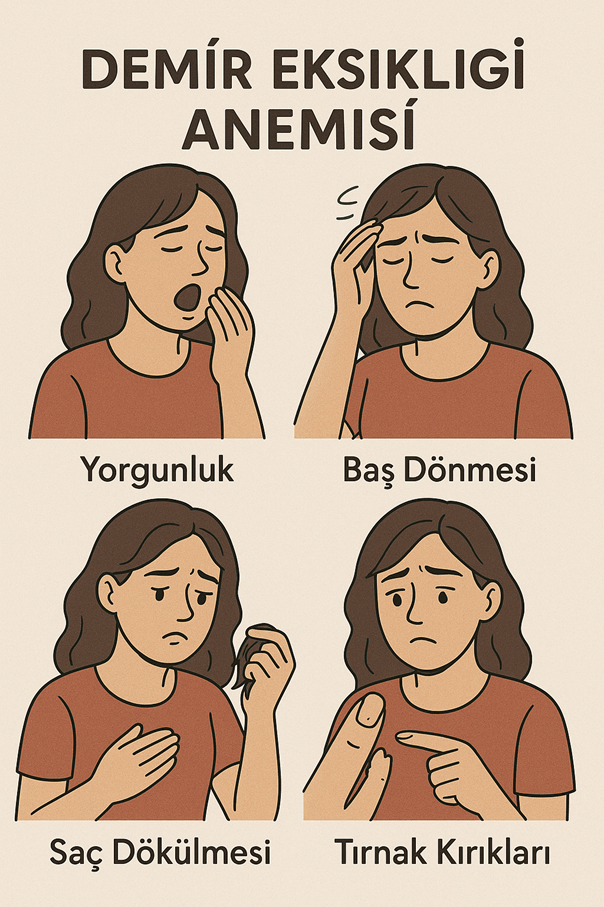 Demir eksikliği anemisinde soluk cilt, koilonychia (kaşık tırnak) ve halsiz görünüm